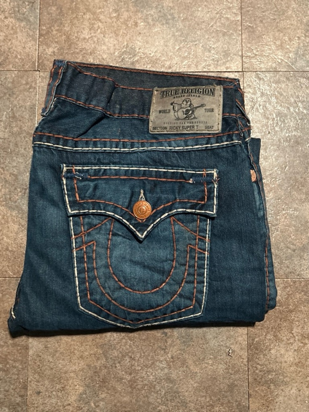 True Religion Men’s Dark Blue Straight Jeans with Contrast Stitching